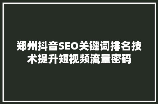 郑州抖音SEO关键词排名技术提升短视频流量密码