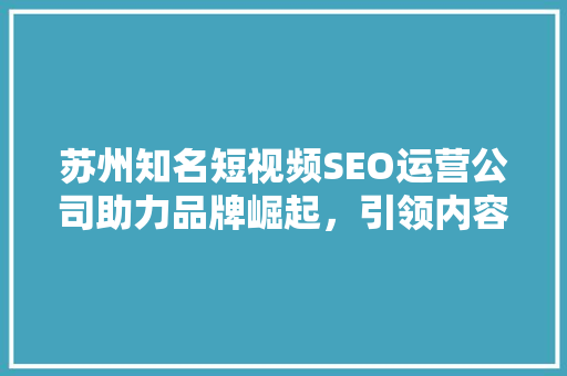 苏州知名短视频SEO运营公司助力品牌崛起，引领内容营销新风向